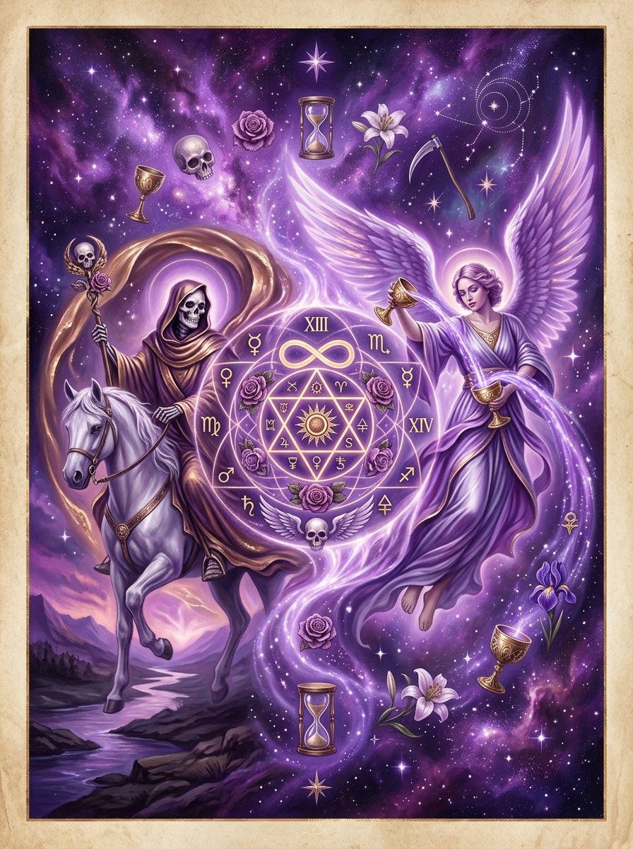 Death and Temperance Tarot Card Combination: The Alchemical Journey of Dissolution, Healing, and Conscious Integration