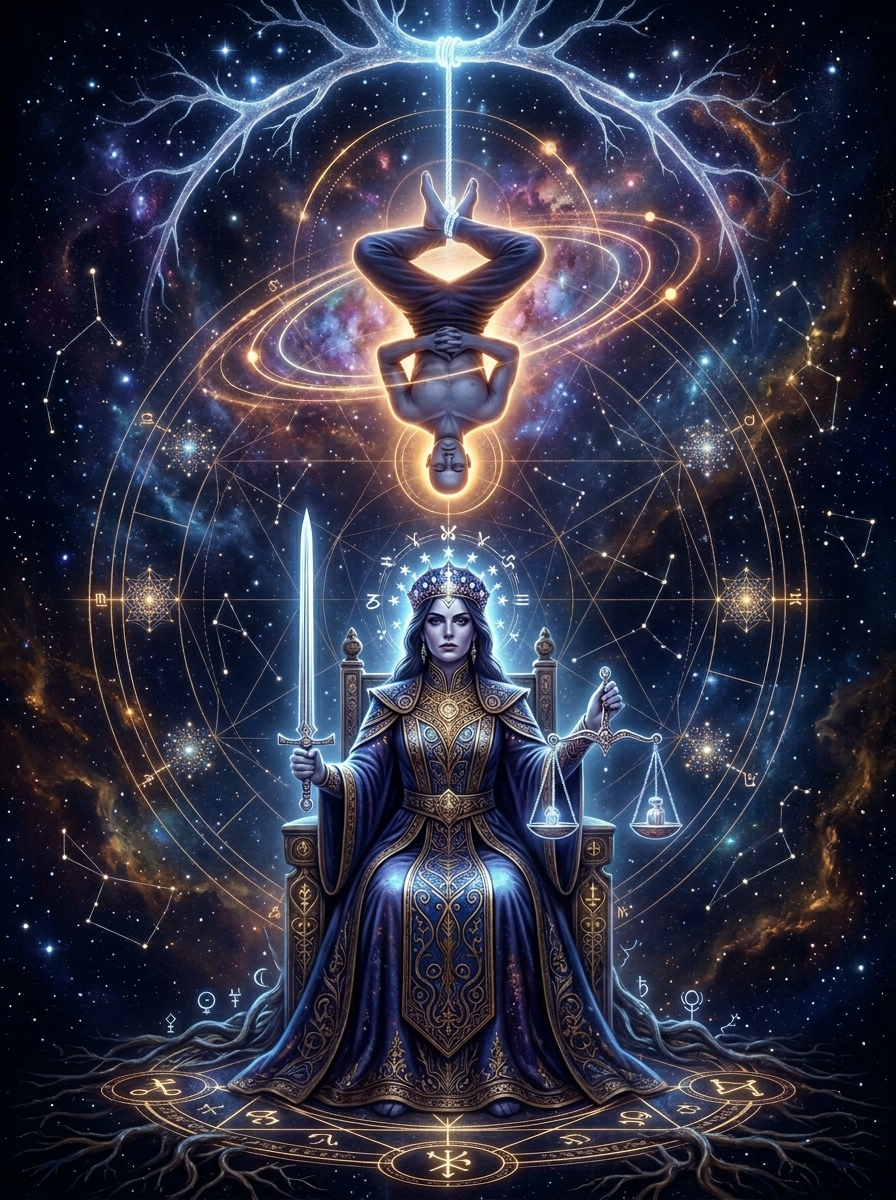 Justice and The Hanged Man Tarot Combination: Balancing Truth and Sacred Surrender