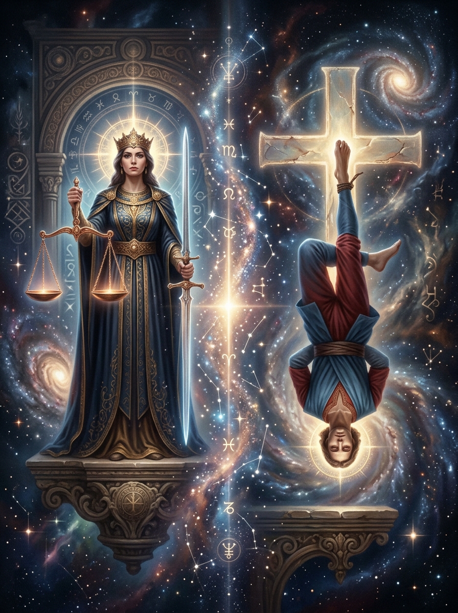 The Justice and The Hanged Man Tarot Combination: Verdict, Pause, and the Ethics of Surrender