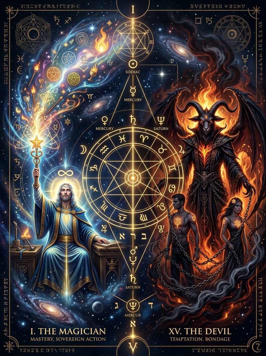 The Magician and The Devil Tarot Combination: Willpower, Shadow, and Sovereign Action